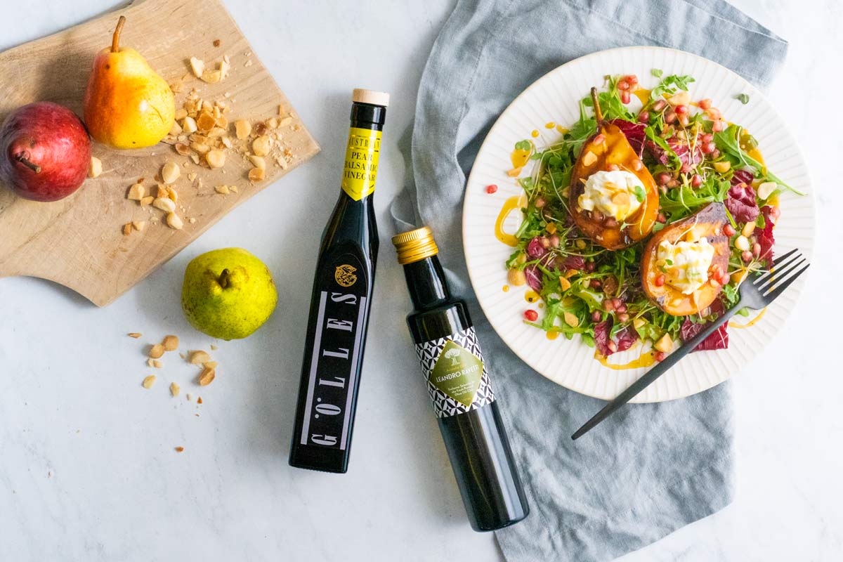 Grilled Pear Salad with Greens and Port Vinaigrette and Fresh Pressed Olive Oil