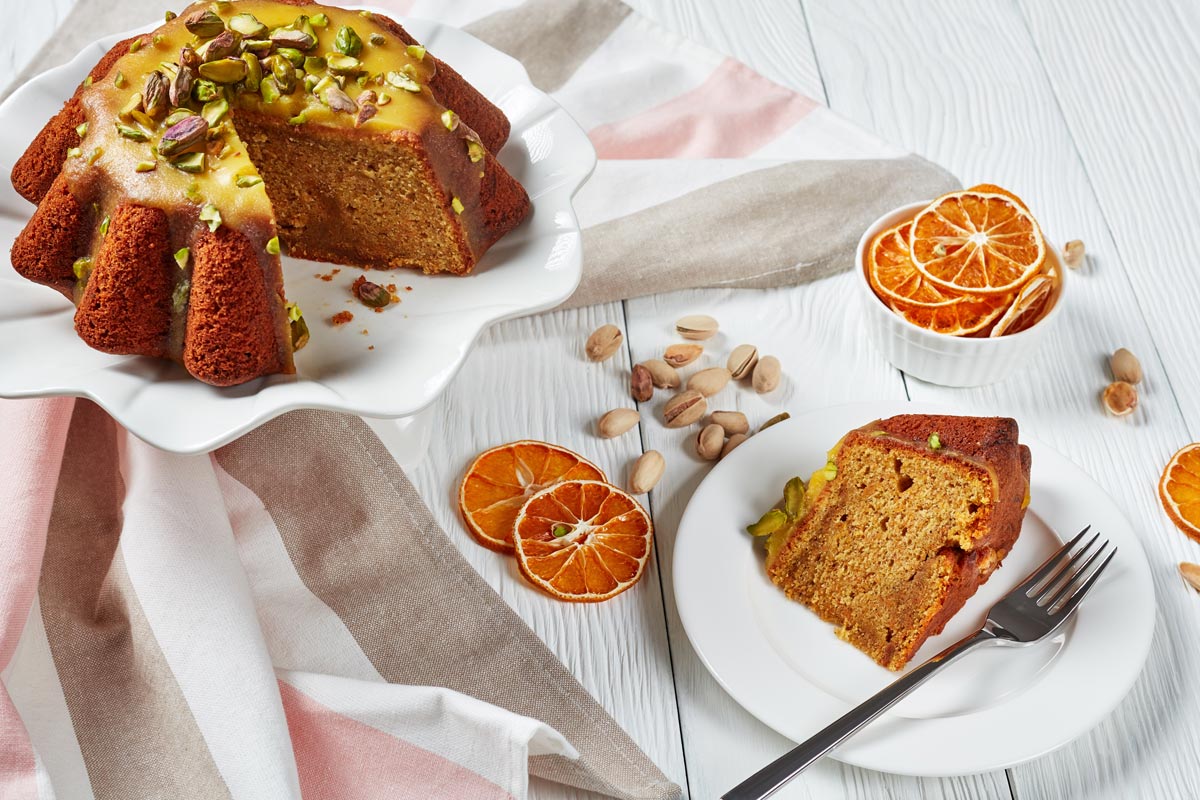 Glazed Pistachio Olive Oil Cake