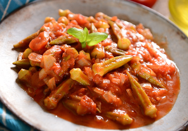 Greek Okra Stewed with Tomatoes and Olive Oil (Bamies Ladera)