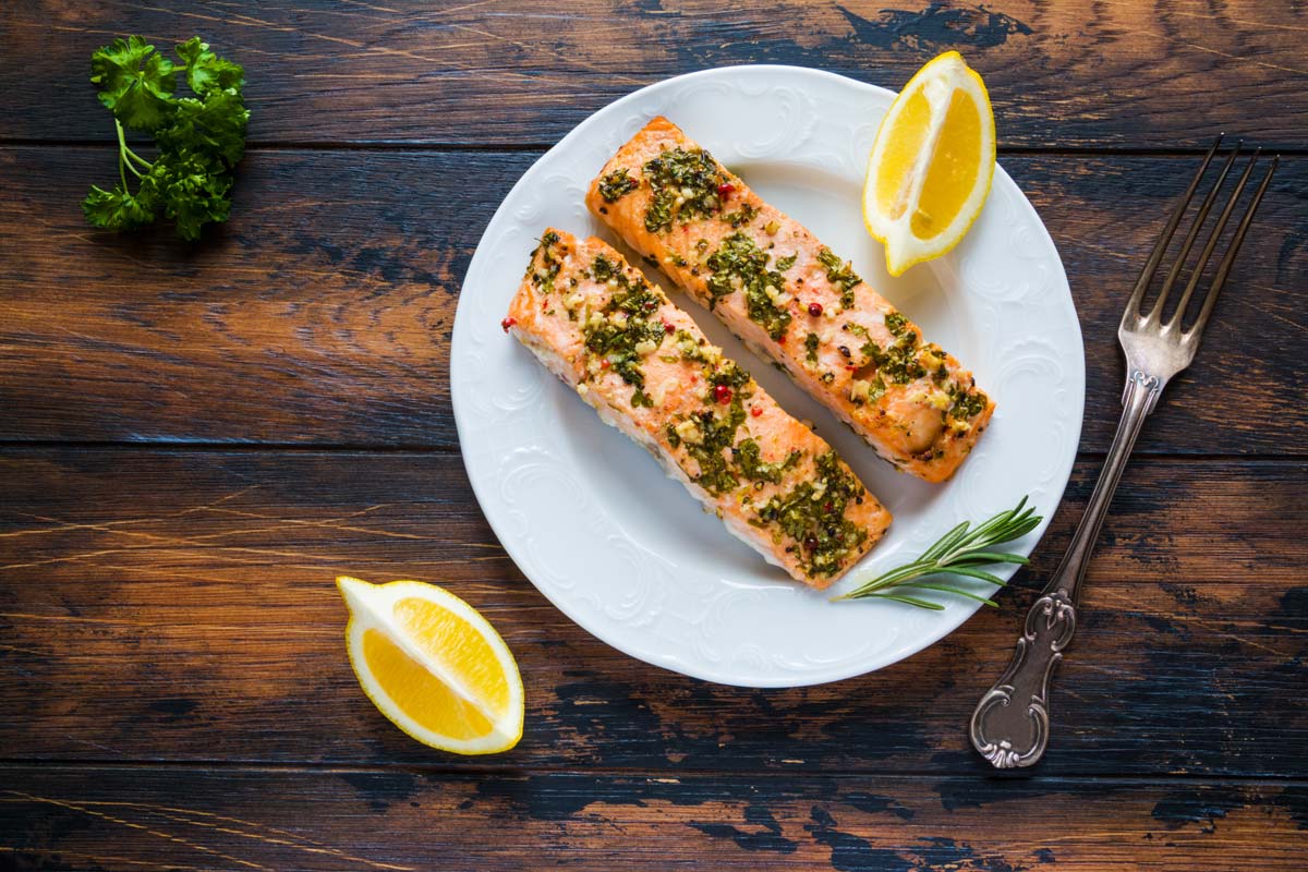 Herb-crusted grilled salmon