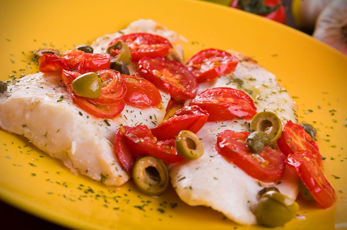 Roasted Monkfish with Burst Cherry tomatoes and olives