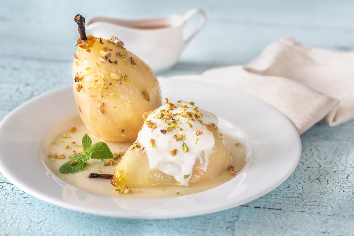 Baked Pears with Olive Oil Custard Sauce