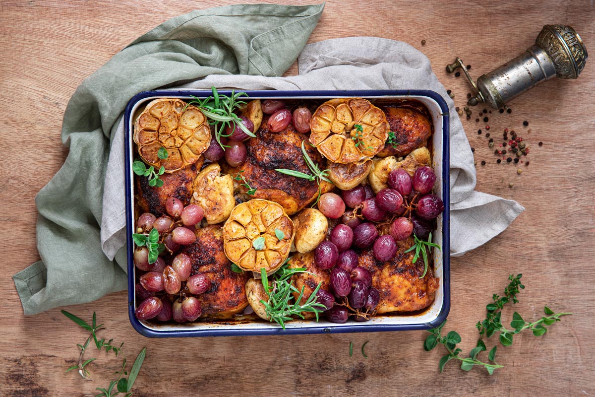 Pan-Roasted Chicken with Grapes, Garlic, and Rosemary