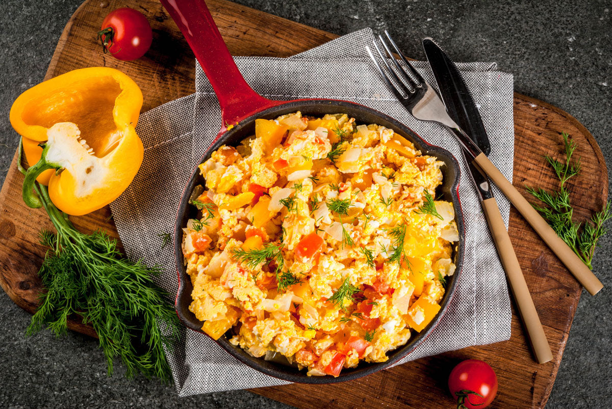 Olive Oil and Scrambled Eggs with Peppers and Feta Recipe