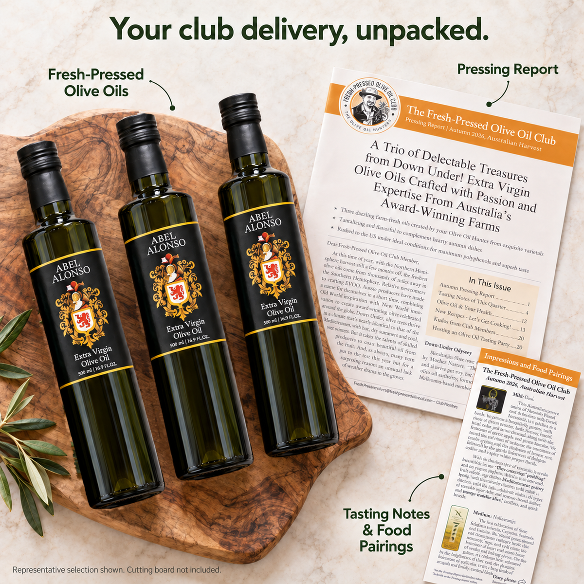 Everything in your quarterly delivery — the oil, your Pressing Report, tasting notes, and recipes