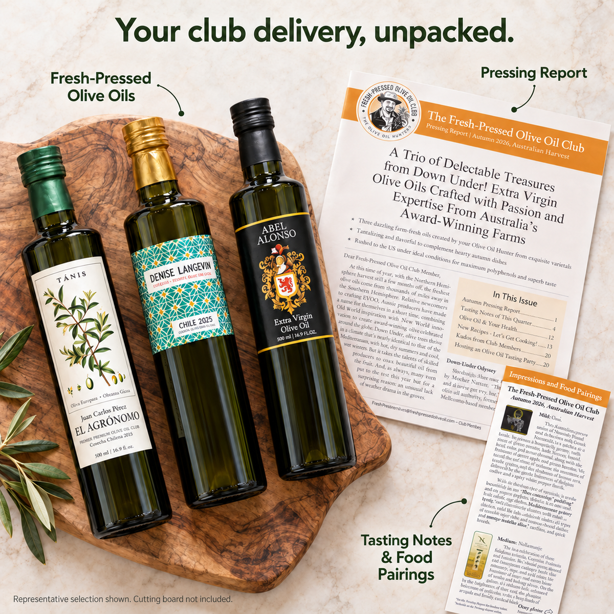 Everything in your quarterly delivery — the oil, your Pressing Report, tasting notes, and recipes